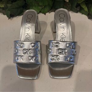Calvin Klein Silver Metallic Block Heel Slides Embossed CK Logo